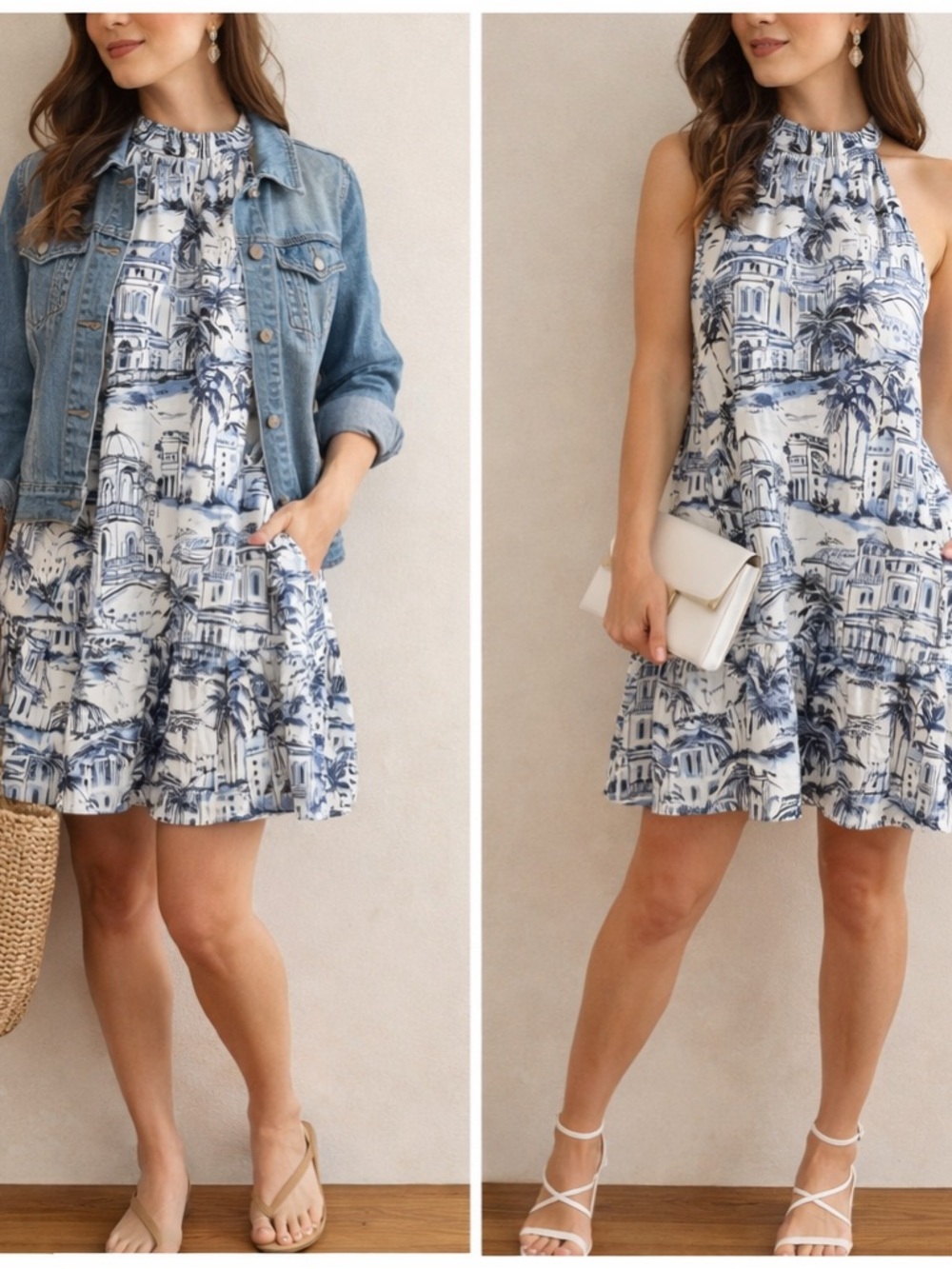 Calypso St. Barth White & Blue Halter Tiered Mini Dress